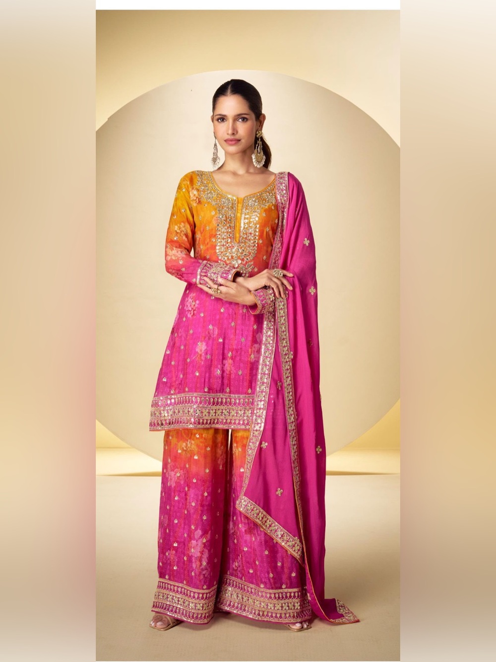 Pink & Orange Embroidered Long Sleeve Women’s Kurta Set